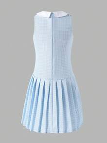 SHEIN Elladie kids 少女彼得潘领蝴蝶结3D立体花朵装饰褶皱连衣裙，适合外出、度假、家庭聚会、生日派对等场合 - 藍色 - 查看 2