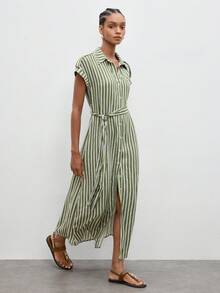 Maija Đầm midi nữ kẻ sọc tay cánh dơi cài cúc đơn giản, phong cách thường ngày. - màu xanh lá - Xem 1