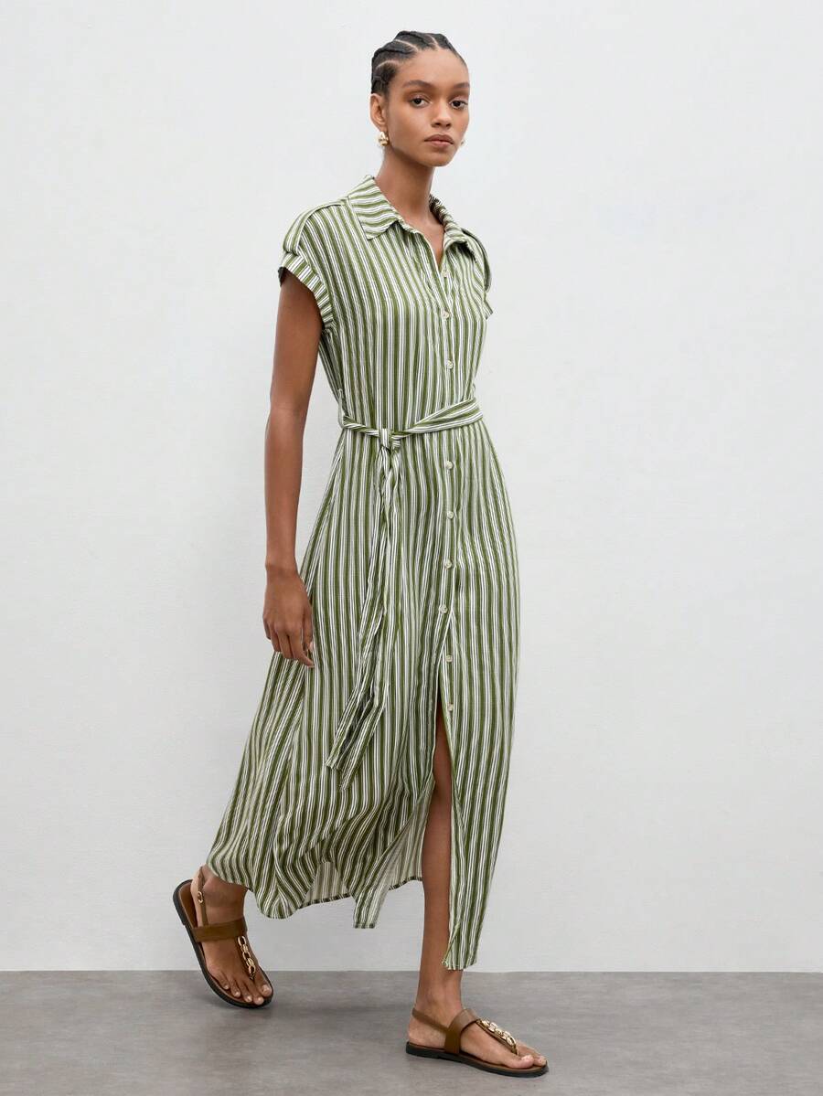 Maija Đầm midi nữ kẻ sọc tay cánh dơi cài cúc đơn giản, phong cách thường ngày. - màu xanh lá - Xem 1