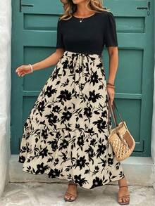 Reflora Plus Size Floral Print Ruffle Hem Short Sleeve Round Neck Dress Autumn Party Vacation Black - Apricot - View 4