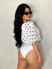 SHEIN SXY Women's Polka Dot Off-Shoulder Casual Bodysuit, Versatile For Daily Wear, Off The Shoulder ,Summer ,Elegant ,Vacation,Beach,Spring - Black and White - View 2