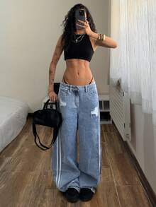 StreetHx 女士时尚休闲百搭运动条纹宽松直筒牛仔裤 - 淺色水洗藍 - 查看 3