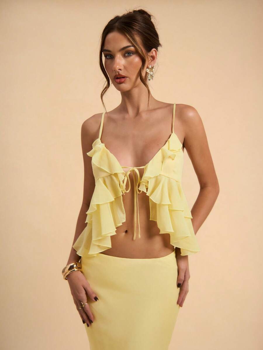 SHEIN BAE 2pcs/Set Women's Solid Yellow Backless Tie Strap Ruffle Camisole Top & Low Waist Skirt, Textured Pleated Beach Resort Outfit, Summer Yellow Set - Light Yellow - View 1