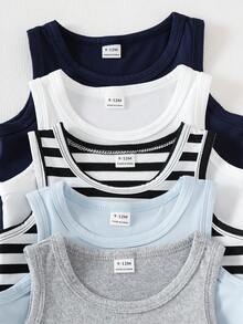 SHEIN Playful Pals 5件套休闲白色针织无袖背心，适合作为内搭，可用于户外活动、休闲穿着、旅行，适合6个月至3岁男婴。 - 彩色 - 查看 7