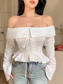 DAZY Women's Elegant Textured Off-Shoulder Ruffle Tie Flare Sleeve Blouse, Spring - Beige - View 3