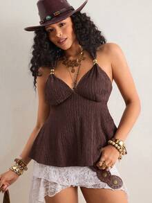 Freevana 大码女式纯色露背无袖上衣 - 咖啡棕 - 查看 6