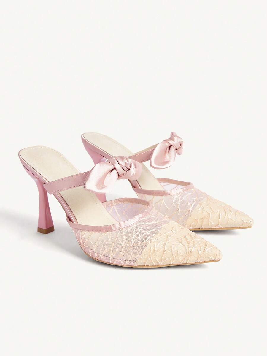 CUCCOO CHICEST Women Shoes Autumn New Mesh Yarn With Bow Stiletto Heels Pointed Toe Embroidered Shoes - Pink - View 1