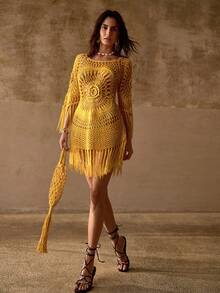 MOTF PREMIUM 手工钩编U领前中心花卉刺绣七分袖波西米亚风流苏度假迷你连衣裙 - 淡黃色 - 查看 5