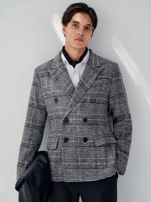 RONVEXI Men's Houndstooth Mandarin Collar Double-Breasted Business Suit Jacket - Black and White - View 1