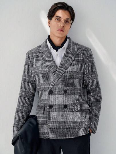 RONVEXI Men's Houndstooth Mandarin Collar Double-Breasted Business Suit Jacket