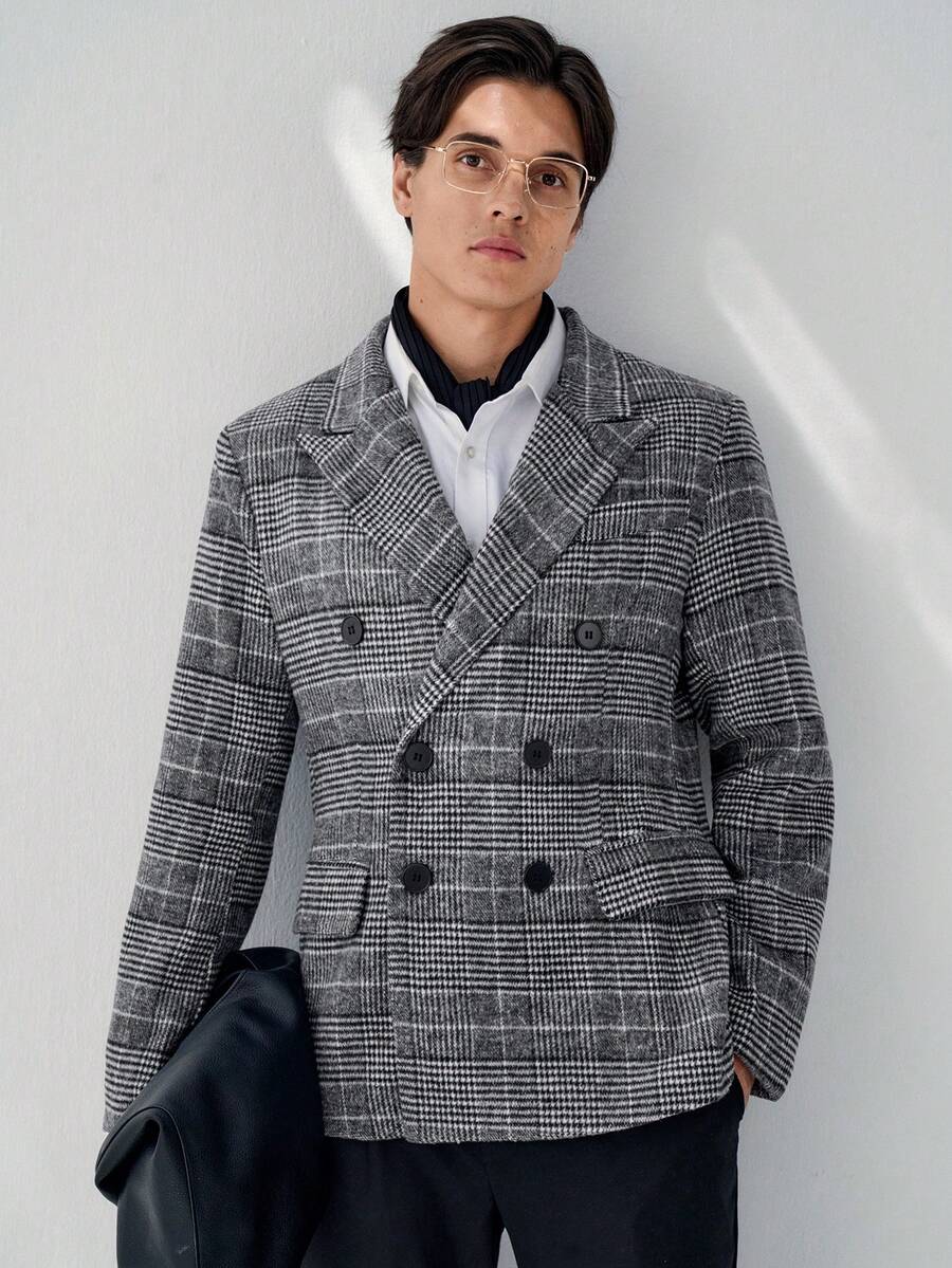 RONVEXI Men's Houndstooth Mandarin Collar Double-Breasted Business Suit Jacket - Black and White - View 1