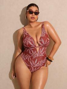 Elaquor Plus Size Summer Vacation Beach Plant Print Deep V-Neck Backless One-Piece Swimsuit - Multicolor - View 1