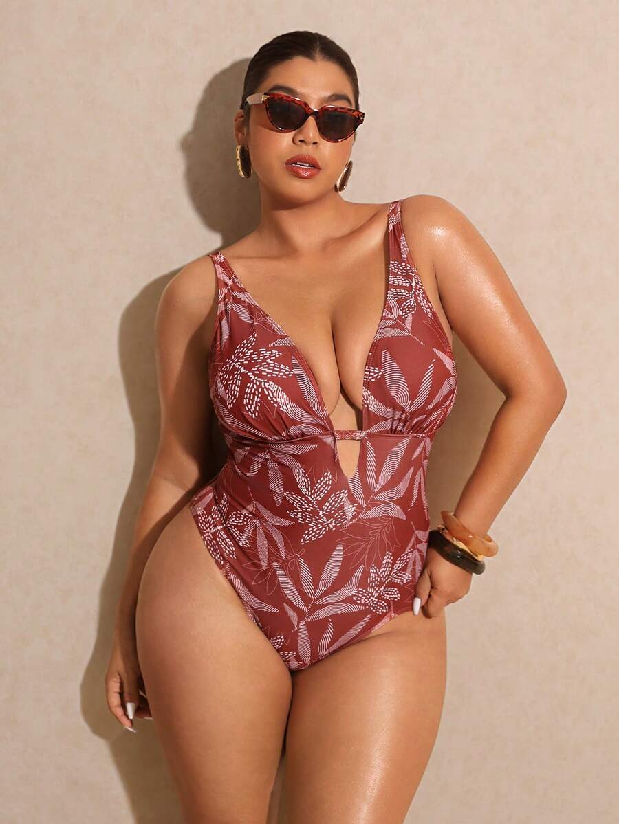Elaquor Plus Size Summer Vacation Beach Plant Print Deep V-Neck Backless One-Piece Swimsuit - Multicolor - View 1