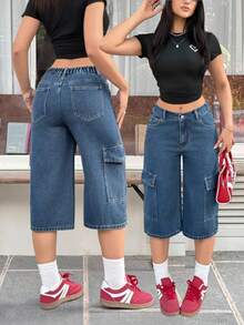 Rivivi Pantalones capri cargo de pierna recta lavados informales para mujer - Azul lavado oscuro - Ver 1