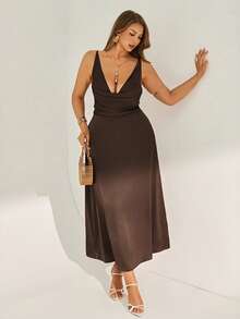 Auralis 新款垂褶领露背系带修身大码连衣裙，优雅适合婚礼、通勤、职场；美人鱼缎面连衣裙，适合晚宴、舞会等场合。 - 棕色 - 查看 3