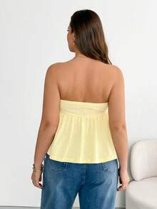 SHEIN Essnce Áo quây màu vàng nhạt dành cho nữ cỡ lớn, thời trang xuân/hè, chất liệu co giãn, thoải mái, cơ bản, đa năng, tôn dáng, vải có họa tiết, thích hợp mặc hàng ngày, trang phục mùa hè, áo đi chơi, trang phục đi nghỉ mát, quần áo dễ thương cho người có đường cong quyến rũ. - Màu vàng - Xem 2