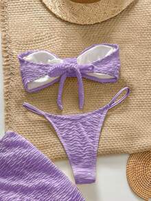Swim Chiccia Conjunto de bikini sexy de 3 piezas con textura y diseño de estrella de mar sin tirantes - Púrpura malva - Ver 2