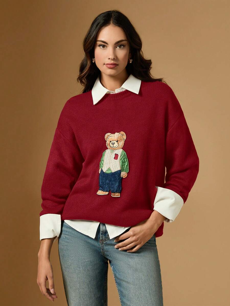 Briarwyn 女士休闲宽松卡通熊图案圆领落肩长袖毛衣 - 紅色 - 查看 1