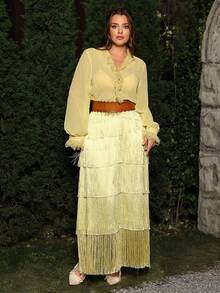 VOLUPTÉ CURVE Plus Size Spring/Summer High Waist A-Line Skirt, Elegant Satin Patchwork With Tassel Hem, Suitable For Work, Party And Daily Wear, Yellow Tassel Skirt - Yellow - View 8