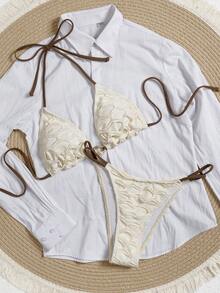 Swim Mod Halter Neck Plain Mesh Bikini Set, Hollow-Out Fabric Paired With Solid Color, Decorated With Accessory At Front - Apricot - View 8