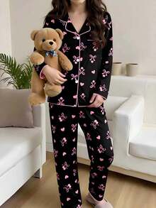 Genkimix Kids School Girl Pajamas Set For Tween GirlsBlack With Cherry & Heart Print Long Pants And Cardigan, Long Sleeve Casual 2-Piece Loungewear - Black - View 5