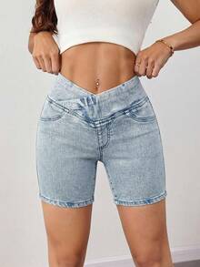 SHEIN Tall 女士牛仔短裤，休闲修身款短裤 - 淺色水洗藍 - 查看 3