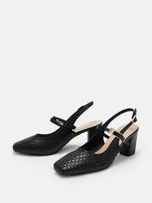 Bholvia Women's Woven Texture, Square Toe, Block Heel, Fashion, PU Leather, Black, Slingback, Office Spring Shoes Summer Shoes - Black - View 7