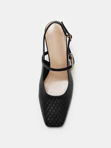 Bholvia Women's Woven Texture, Square Toe, Block Heel, Fashion, PU Leather, Black, Slingback, Office Spring Shoes Summer Shoes - Black - View 10
