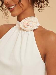 Travachic Robe d'été à col ras-du-cou avec fleurs 3D de couleur unie pour femmes - Nude - Voir 3
