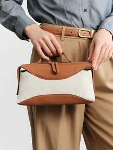 SHECARRY Ladies Casual Canvas Splicing Handbag - Beige Canvas + Brown - View 6