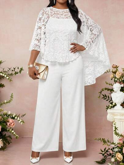 Fleurora Conjunto de 2 piezas de talla grande con mono elegante de unicolor sin mangas y capa con volantes de encaje en el bajo