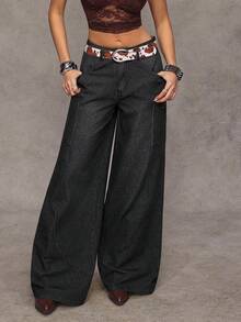 Jeanoix Quần jeans nữ màu đen thêu họa tiết, kiểu dáng rộng rãi, thoải mái, phong cách đường phố. - màu đen - Xem 7