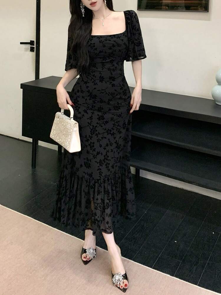 Women's Solid Color Square Neck Short Sleeve Ruffle Hem Dress,Valentine Outfits For Women Summer Sundress