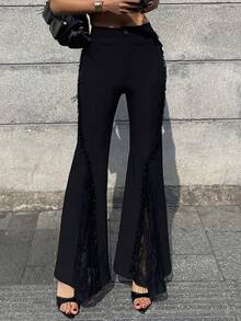 DAZY Black Lace Patchwork Solid Color Flare Pants, Suitable For Commuting & Office, Summer - Black - View 3