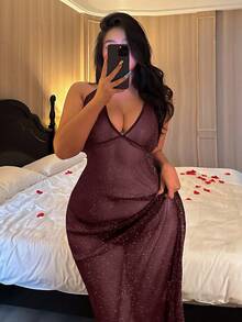 Dazy Plus Mesh Sheer Long Camisole Lingerie - Burgundy - View 5