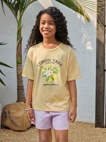 Girls Casual Vacation Pink & Yellow Striped Floral Print Round Neck T-Shirt Set, Summer Tops, Summer Outfits, Fashion Design, Versatile, Suitable For Vacation, Travel, Campus, Daily Wear - Multicolor - View 5