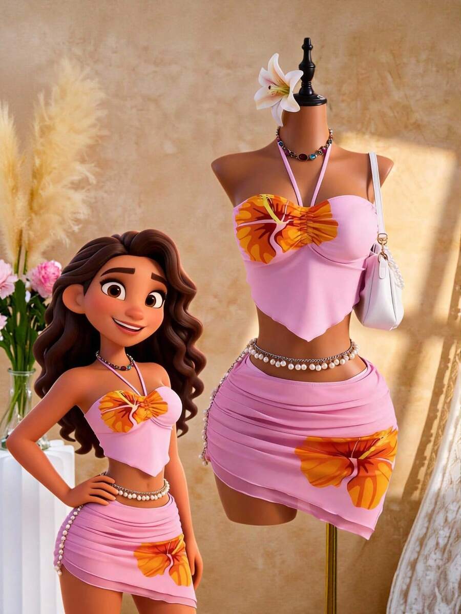Bellisia Bộ đồ bơi 3 mảnh dành cho nữ, màu hồng in hoa, cổ yếm, kiểu sarong ngắn và quần bikini, thích hợp cho kỳ nghỉ hè. - Hồng - Xem 1
