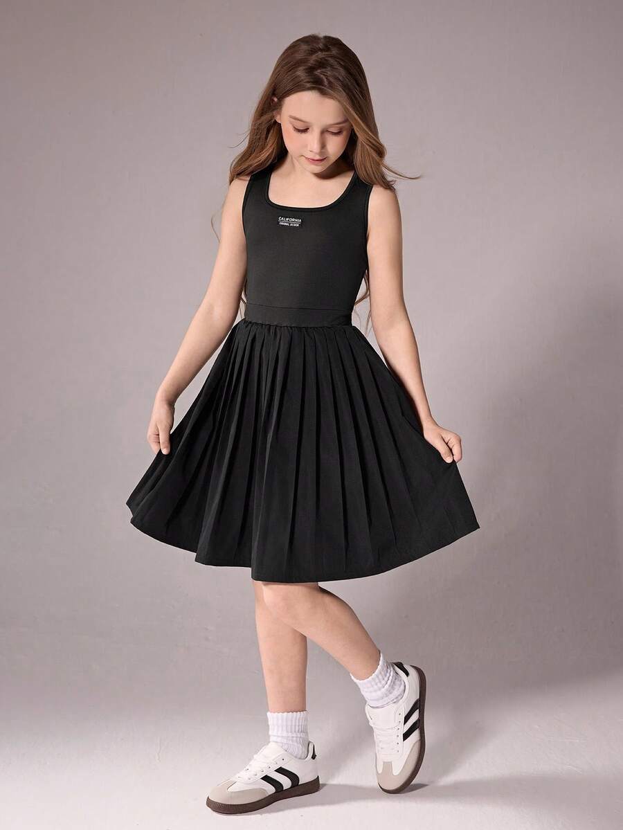 Girls' Casual Vacation Black Bow Pleated Camisole Dress, Summer Outfits, Soft & Fashionable Design, Versatile For Vacation, Travel, Campus And Daily Wear - Black - View 1