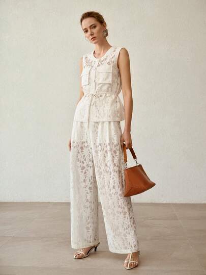 MOTF PREMIUM PANTALONES RECTOS DE MUJER ELEGANTES DE CINTURA ALTA CON ENCAJE FLORAL CALADO