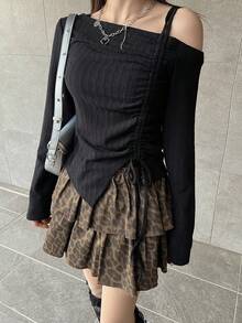 FRIFUL Women's Solid Black Drawstring Tie Bow Ribbed Fabric Slim Fit Versatile T-Shirt - Black - View 4