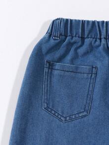 Girls' Wide Leg Jeans, All-Match Minimalist Versatile Elastic Waist Loose Fit, Comfortable All-Season Staple Item - Dark Wash - View 7