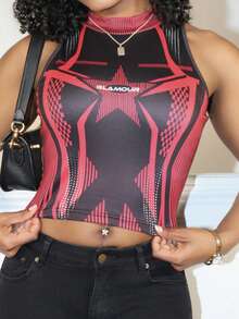 Steph T Star & Letter Graphic Mock Neck Crop Tank Top - Multicolor - View 4