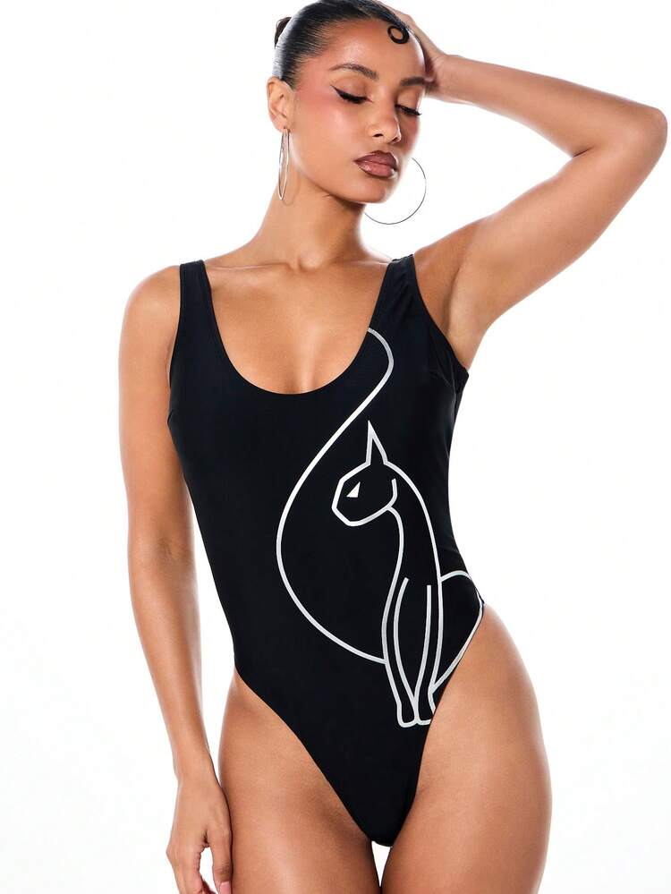 BABYPHAT Scoop Neck One Piece Swimsuit With Abstract Line Art Print High Cut Legs Black Bathing Suit Summer Beach Pool Vacation Women