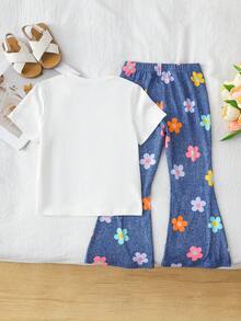 Camiseta de manga corta con cuello redondo y bordado floral colorido + Pantalones acampanados con estampado floral y cintura elástica para niñas pequeñas, conjunto de verano vibrante adecuado para ocasiones casuales, de vacaciones y de fiesta - Blanco - Ver 2