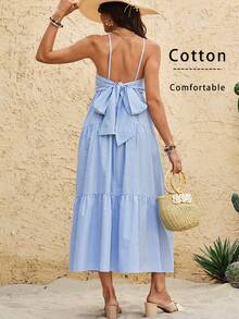 Boho Mama 孕妇条纹印花系带露背荷叶边吊带裙 - 藍色 - 查看 10