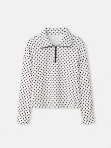 lacRébo White Polka Dot Zip Up Sweatshirt, Long Sleeve Polka Dot Top Going Out Chic Fitness Sweatshirt Spring Summer Cosy - Black and White - View 7