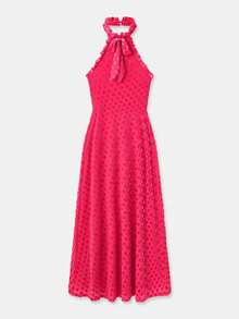 lacRébo 玫红色缎面波点长款连衣裙，露背设计，系带蝴蝶结，尽显优雅派对晚宴风情，秋冬季必备单品 - 玫紅色 - 查看 8