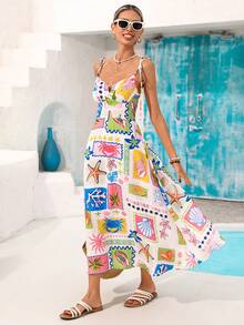 Vivid Eden 女士全印花扭结前襟休闲度假中长连衣裙，适合度假、度假风、假日和约会；夏季度假装扮、女士海滩度假装扮、毕业礼服、女士夏季服装、女士休闲连衣裙、Zanzea 女士连衣裙、女士裹身连衣裙 - 紫色 - 查看 11