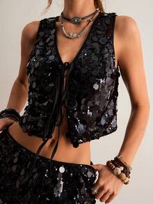 Freevana Women's Solid Color Sequin Front Tie Vest And Mini Skirt 2-Piece Set, Suitable For Party - Black - View 7