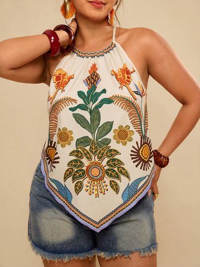 Travachic Plus Size Women Boho Summer Holiday Style Floral Print Halter Top